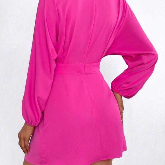 Pink Preppy Womens Mock Neck Lantern Sleeve Wrap Hem Dress - Picture 4 of 6